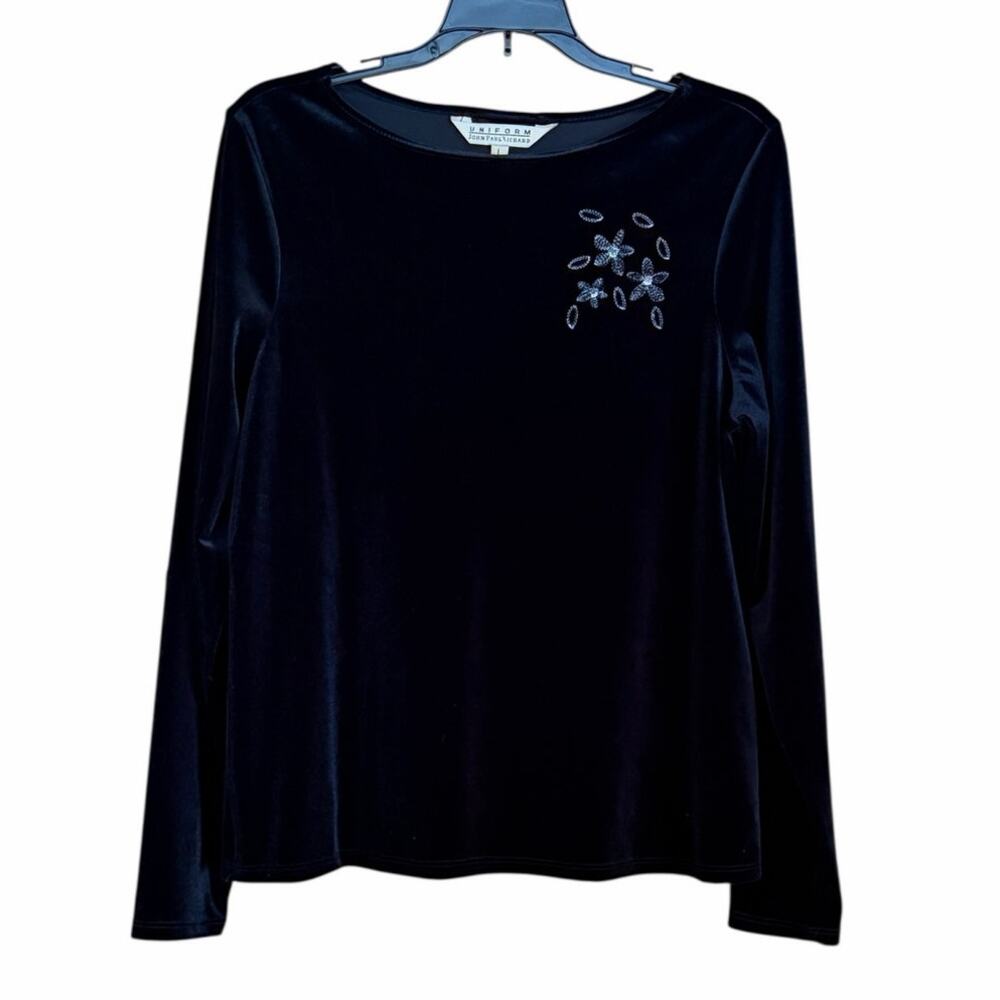 John Paul Richard Large Black Velvet Long Sleeve Floral Embroidered Top Dressy